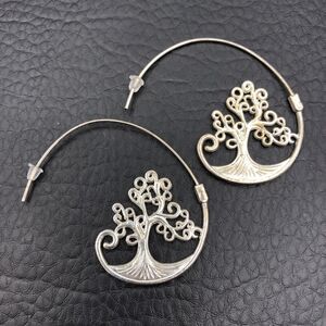 Spiral Hoop Earrings Silver Tone‎ Bodhi Tree of Life